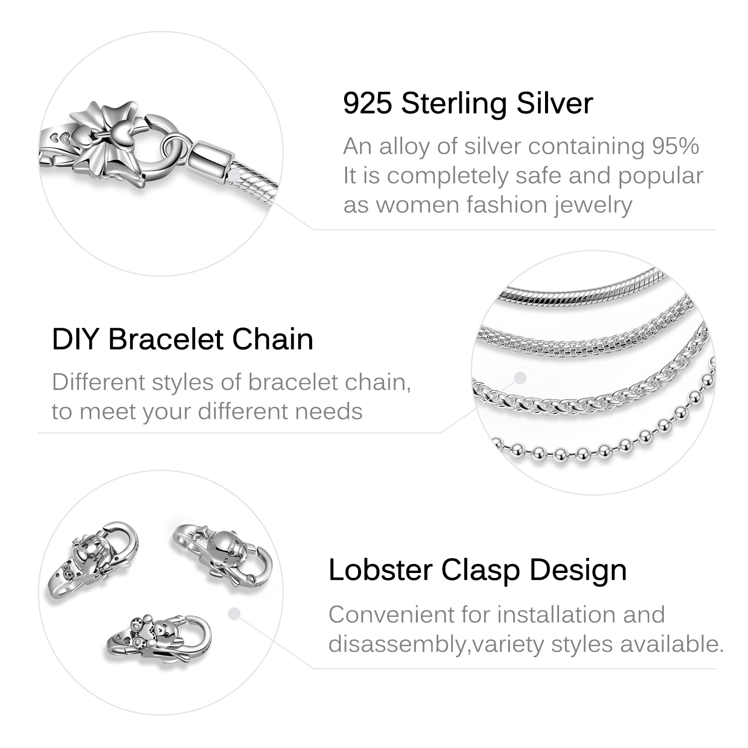 S925 Sterling Silver Sterling Silver Love Big Bow Lobster Buckle Accessories DIY Bracelet Buckle