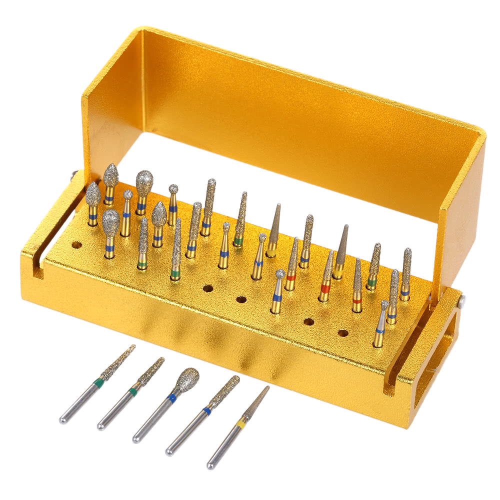 1 Dental Set 30pcs Dental Diamond Burs Drill Disinfection + Aluminum Block High Speed Handpiece Holder