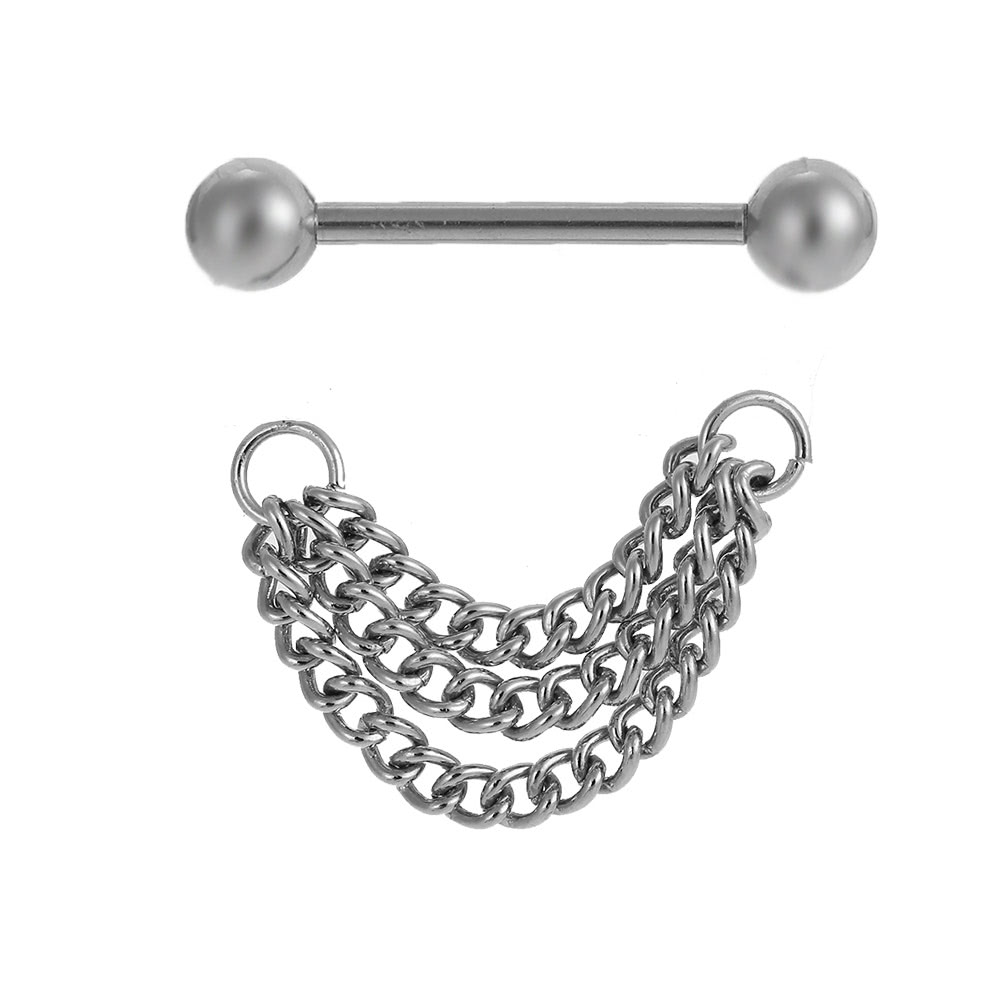 Nipple Bar Ring Barbell Chain Drop Stainless Steel Shield Body Piercing Jewelry for Men & Women