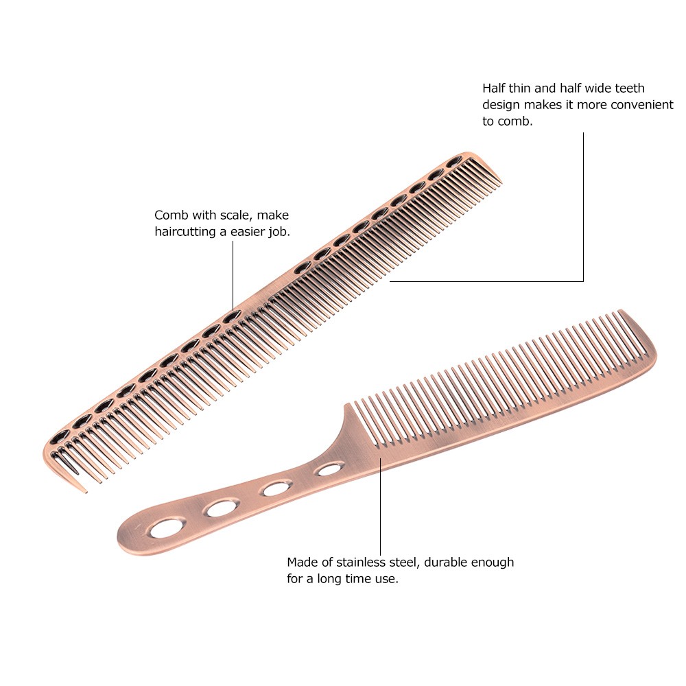 2Pcs Salon Hair Comb with Scale Professional Barber Hairdressing Steel Comb Metal Hair Cutting Comb