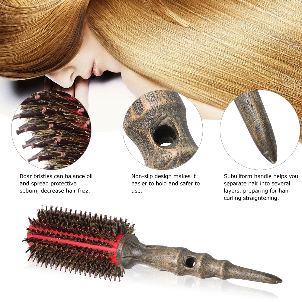 14mm Round Brush Natural Bristle Roller Comb With Non-slip Wood Handle Aluminum Round Comb for Hair Styling