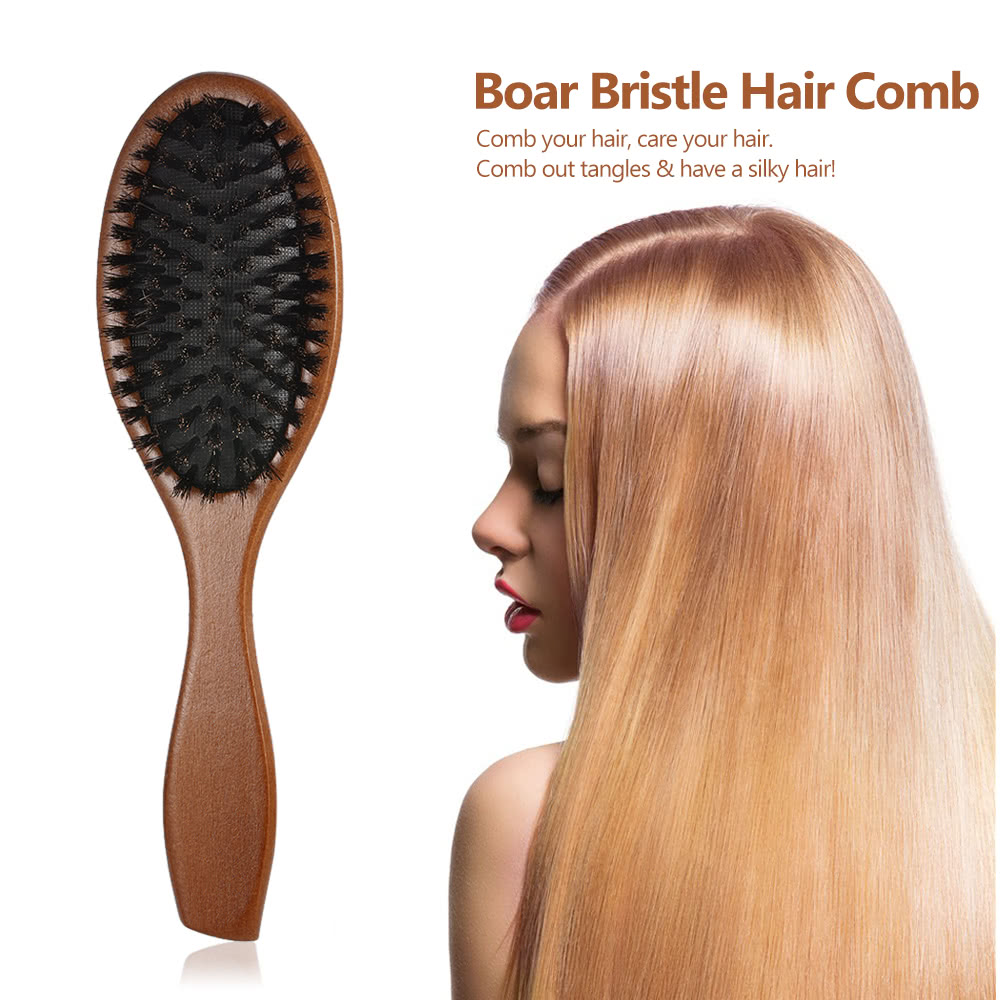 Natural Boar Bristle Hair Brush Comb Oval Anti-static Paddle Hair Extension Brush Scalp Massage Beech Wooden Handle