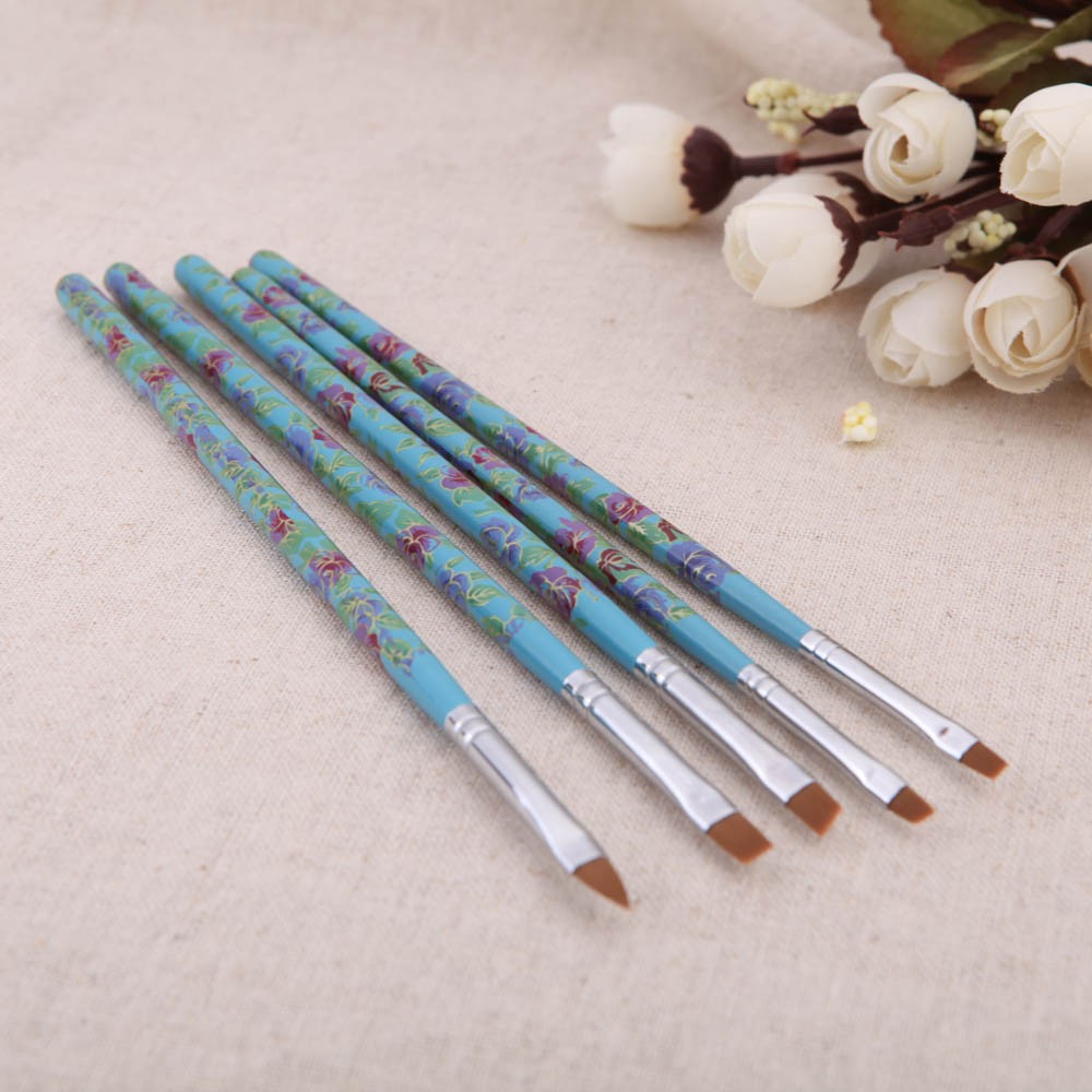 5PCS Nail Art Wood UV Gel Salon Pen Flat Brush Kit Dotting Tool