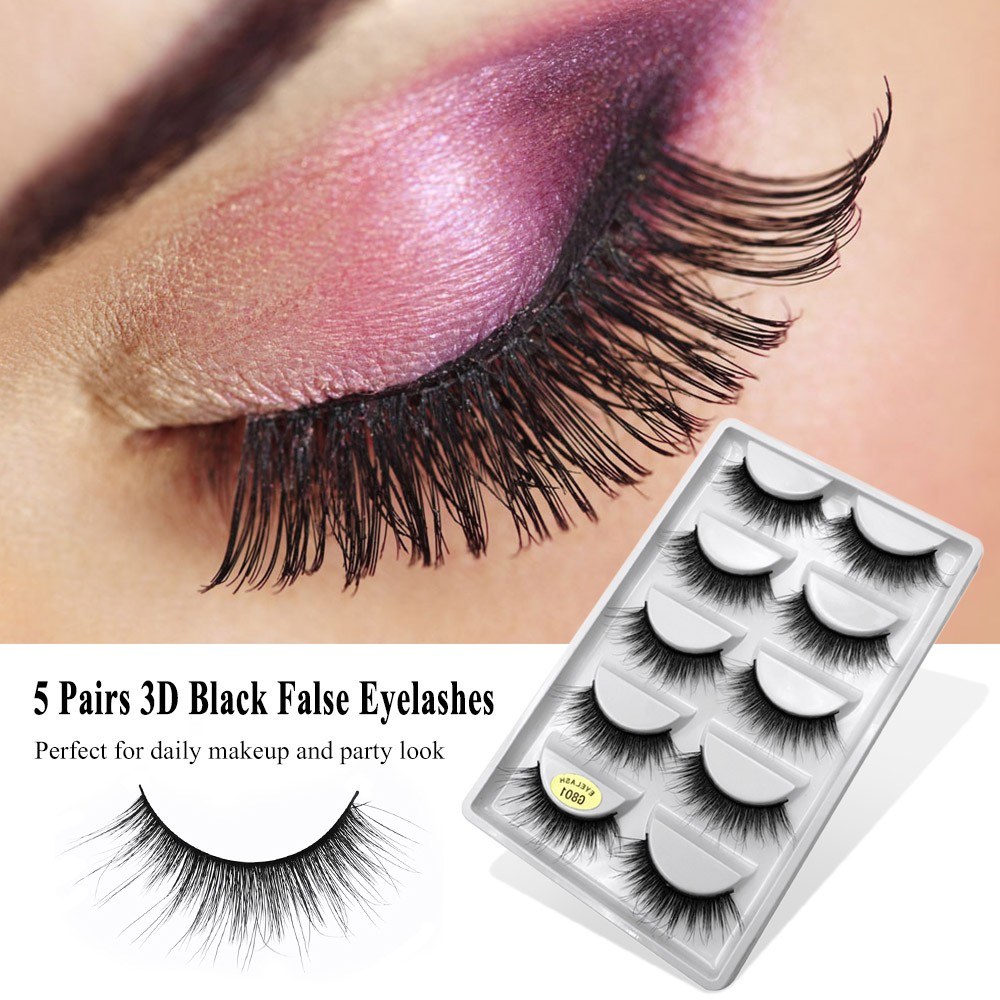 5 Pairs Long False Eye Lashes 3D False Eyelashes Invisible Band Black Eyelash Full Strip Reusable