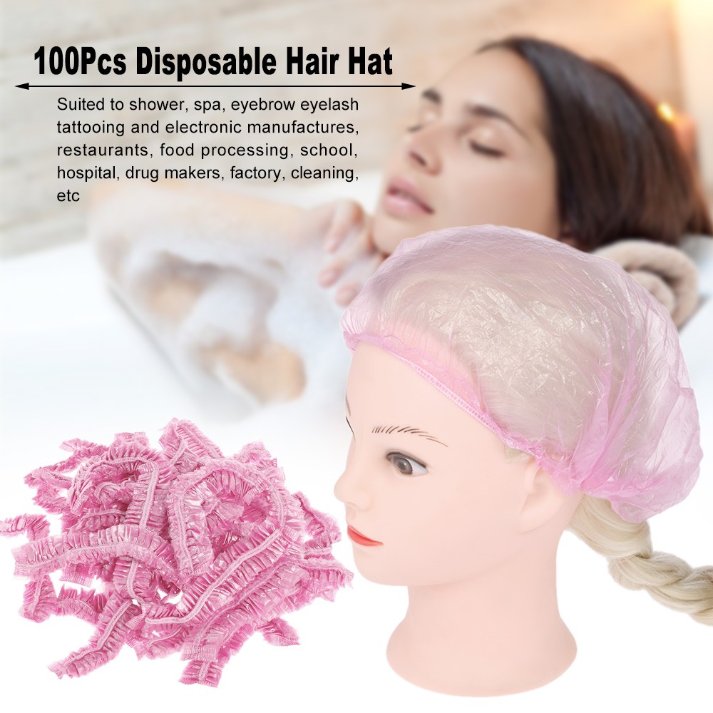 100Pcs Disposable Hair Hat Net Plastic Shower Cap Waterproof Head Cover Hat Elastic Hat for Showering Eyelash Eyebrow Tattooing Spray