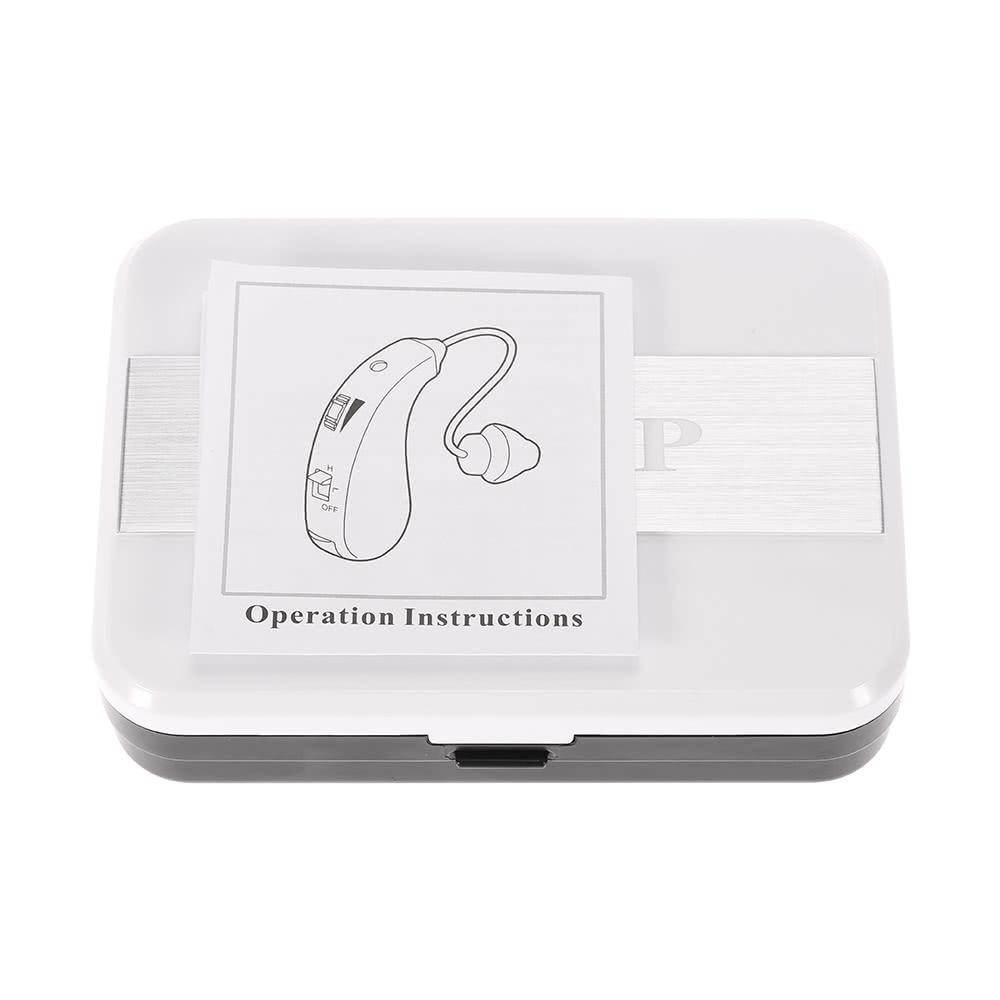 Mini Behind Ear High-Low Tone Sound Amplifier Hearing Aid With UV Anti Bacteria Box Kit With Cleaning Brush Earplugs   Button Batteries