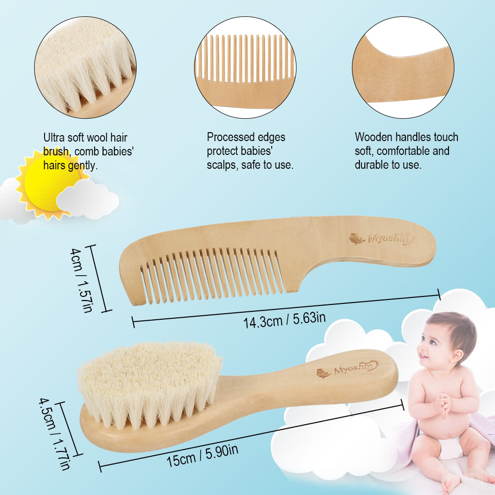 2Pcs Baby Hair Brush Comb Set Newborn Hairbrush Kit Infant Comb Soft Wool Hair Wooden Handle Scalp Massage