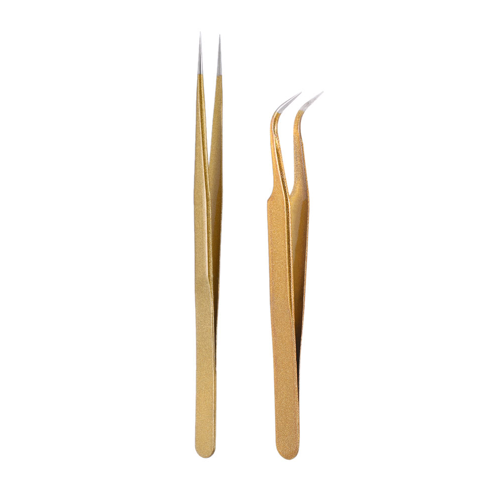 2Pcs Straight & Curved Tweezers Nippers False Eyelash Extension Stainless Steel Pointed Clip Nail Art Nippers