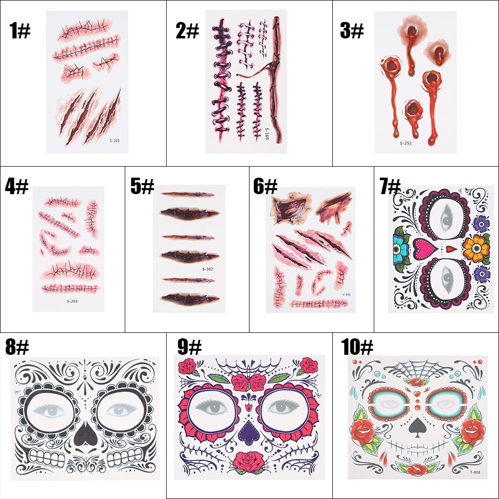 Temporary Tattoo Sticker Scars Terror Halloween Flowers Pattern Eyes Face Stickers Makeup Stage