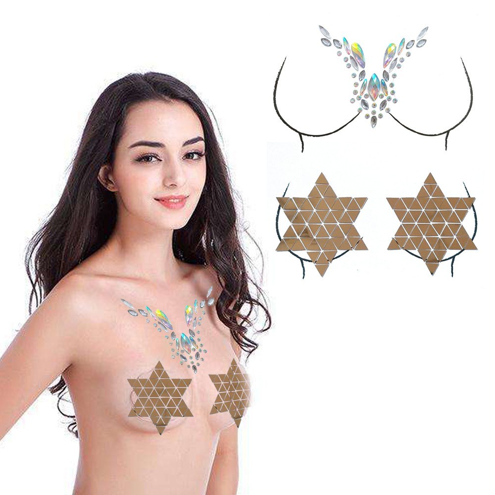 Big Classic Ceremony Breast Bling Gem Cluster Self Adhesive Stick On Jewels Body Paint Decor Rhinestone Temporary Tattoo Jewels Festival Party Glitter Stickers Easy To Operate