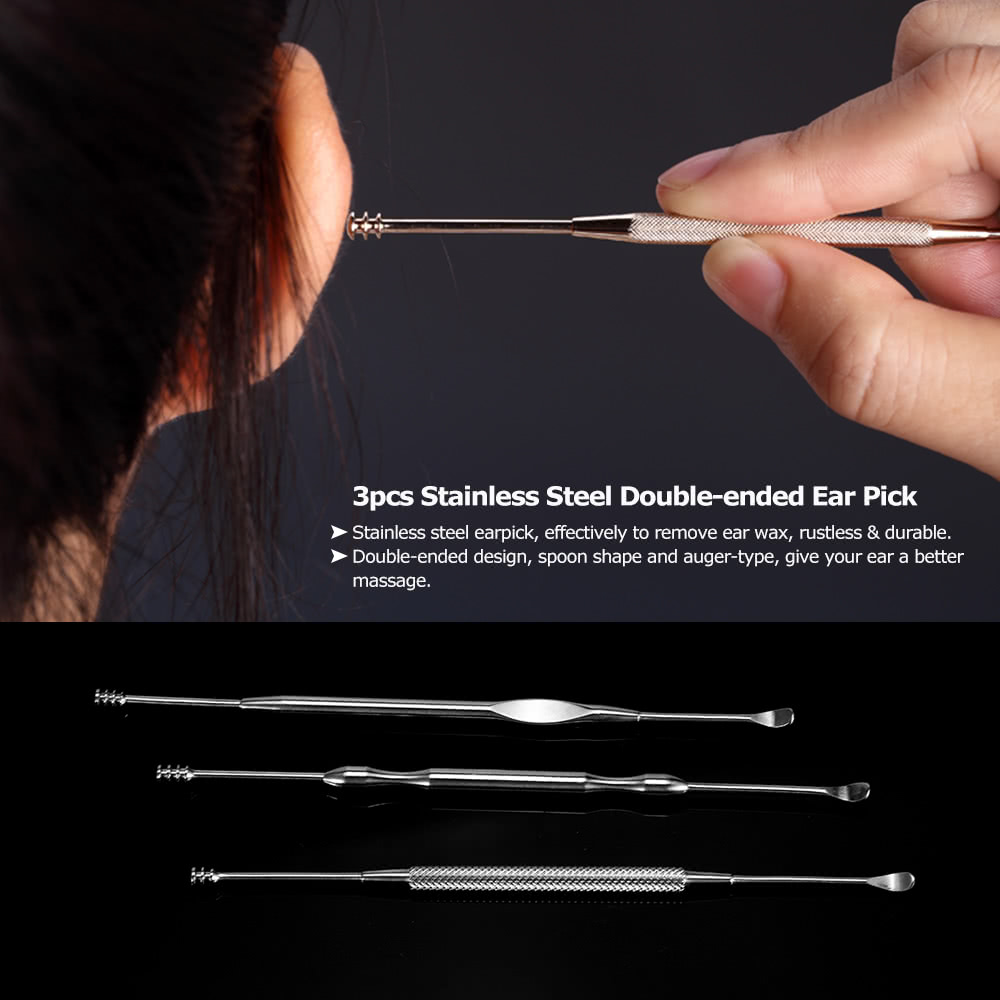 3pcs Stainless Steel Ear Pick Double-ended Earpick Ear Wax Curette Remover Ear Cleaner Earpick Spoon Clean Ear