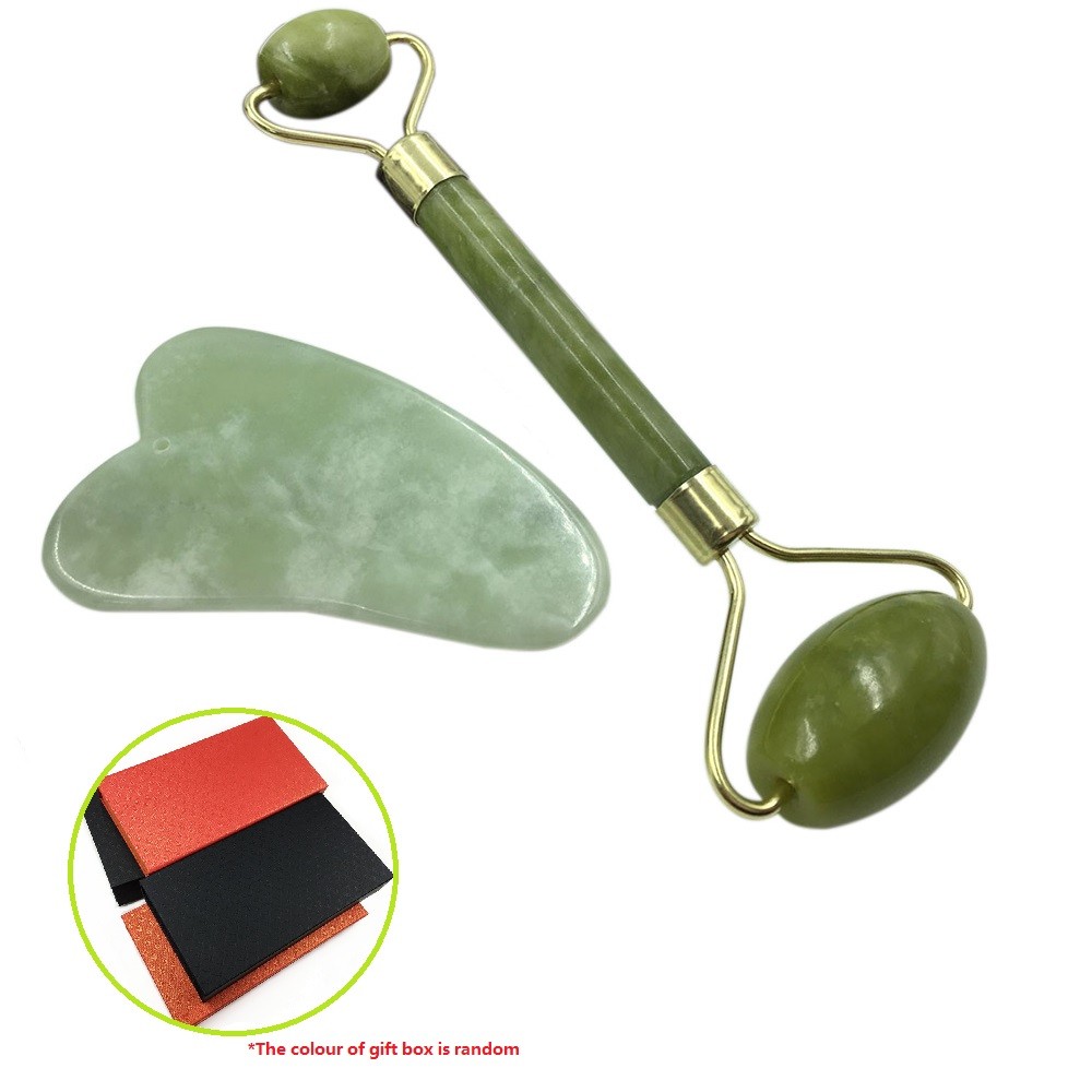 Jade Roller & Gua Sha Scraping Massage Tool with Protective Box for Facial Skin Care