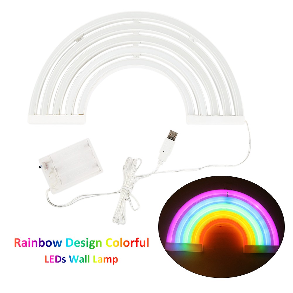 Rainbow Design Neon Colorful LEDs Wall Lamp Night Light with USB Charging Port 3 * AA Batterys Cell Powered Operated