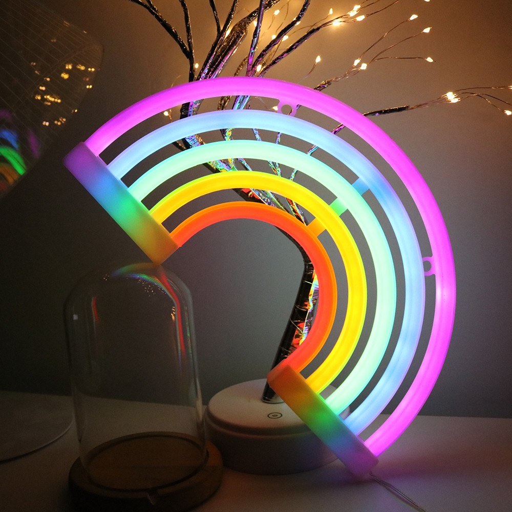 Rainbow Design Neon Colorful LEDs Wall Lamp Night Light with USB Charging Port 3 * AA Batterys Cell Powered Operated