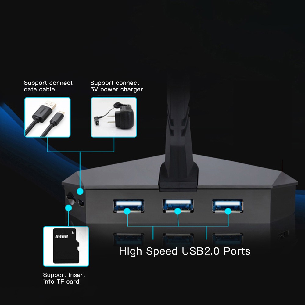 High Speed 3-Port USB 2.0 Data Gaming HUB with Mouse Bungee USB Hub Splitter Micro SD Card Reader Mouse Clamp with USB-COMBO Built-in Seven Colors Backlit LED Light TF Card Slot