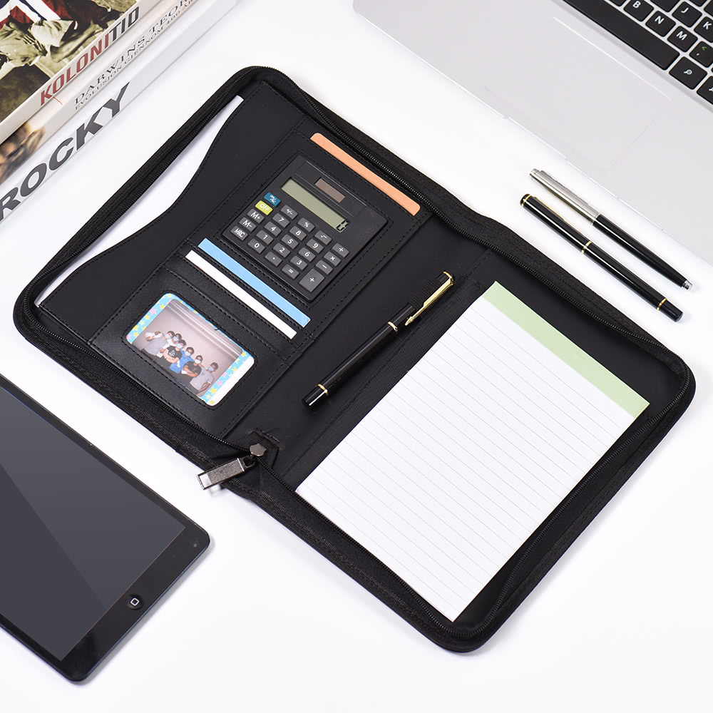 Portable Professional Business Portfolio Padfolio Folder Document Case Organizer A5 PU Leather Zippered Closure with Calculator Card Holder Memo Note Writing Pad