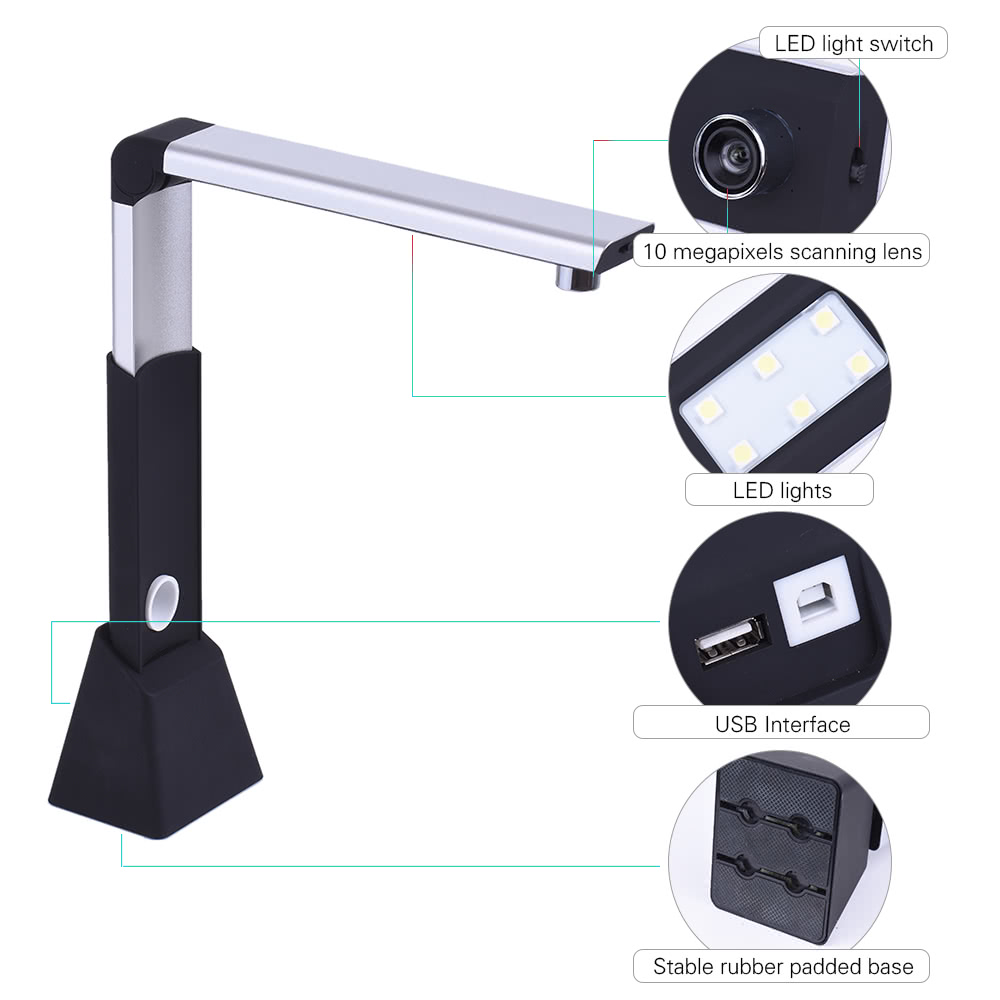 Portable Adjustable High Speed USB Book Image Document Camera Scanner 10 Mega-pixel HD High-Definition Max. A3 Scanning Size with OCR Function LED Light