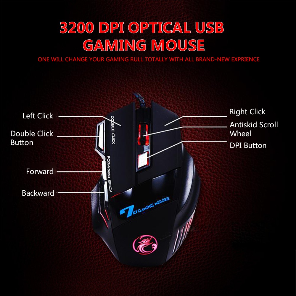 3200 DPI 7 Button 7D LED Optical USB Wired Gaming Mouse