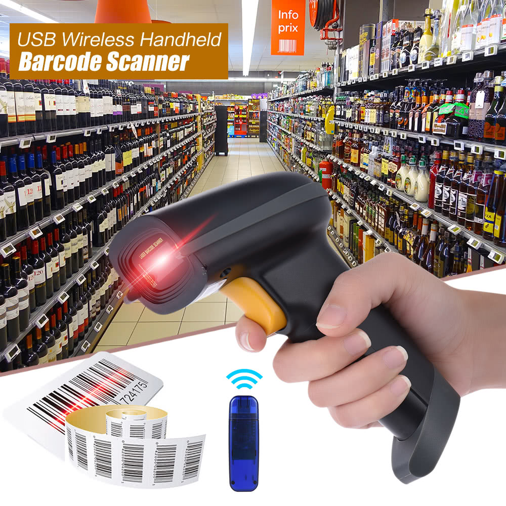 2.4G Wireless Handheld Barcode Scanner Bar Code Reader with Receiver USB Cable for Supermarket Library Express Company Retail Store Warehouse