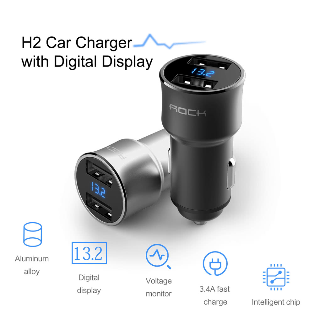 ROCK H2 Dual USB Car Charger with Digital LED Display 5V/3.4A Aluminium Alloy Fast Charging Voltage Monitoring for iPhone 