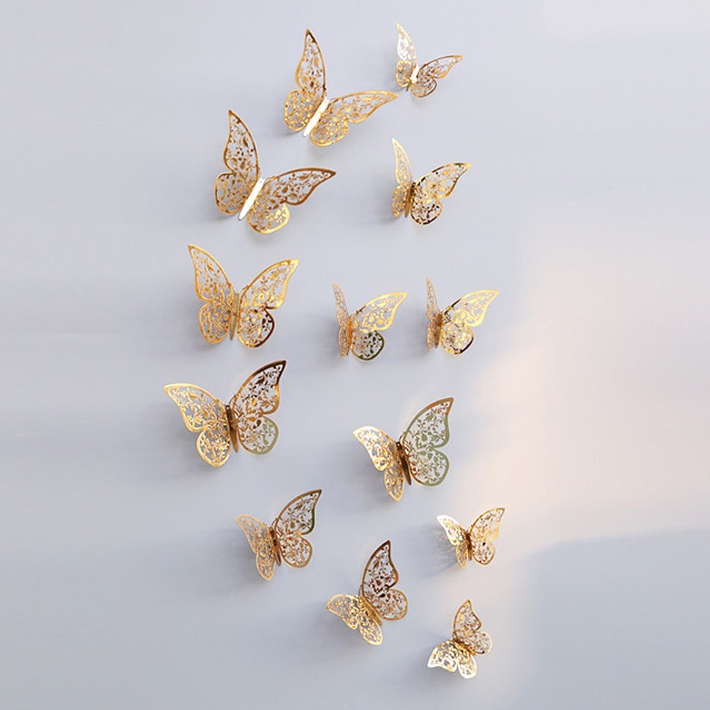 12pcs/set 3D Butterfly Wall Stickers Removable Mural Stickers DIY Art Wall Decals Decor with Glue for Bedroom Wedding Party--Gold