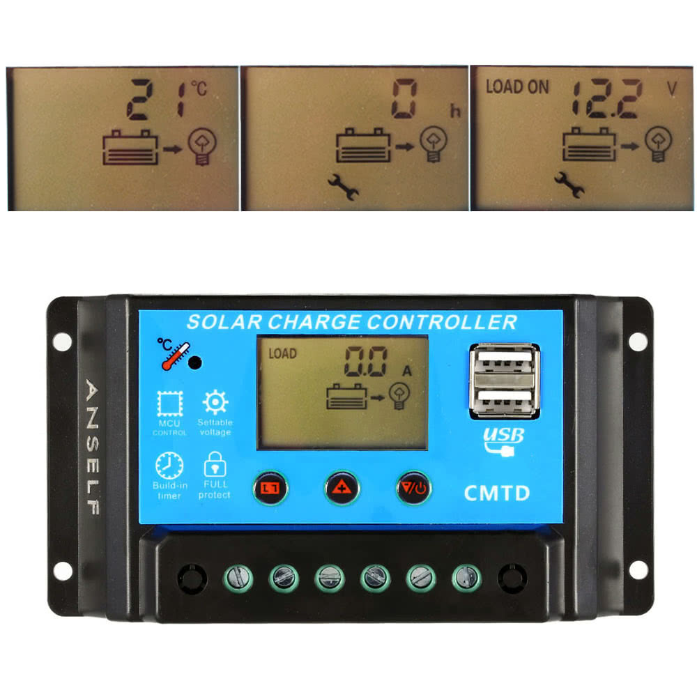 10A 12V/24V LCD Solar Charge Controller with Current Display Function Auto Regulator for Solar Panel Battery Lamp Overload Protection