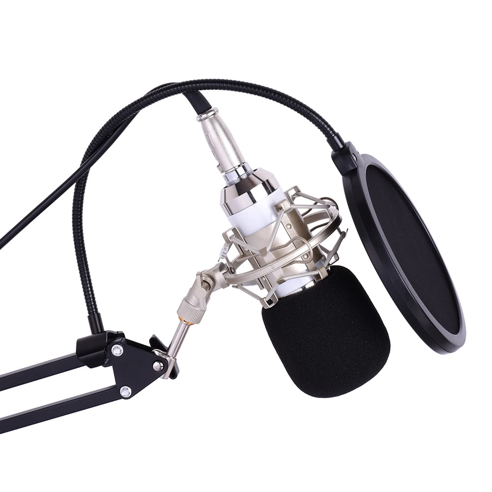 Professional Studio Broadcasting Recording Condenser Microphone Mic Kit Set 3.5mm with Shock Mount Adjustable Suspension Scissor Arm Stand Mounting Clamp Pop Filter