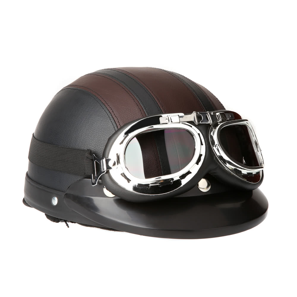 Motorcycle Scooter Open Face Half Leather Helmet with Visor UV Goggles Retro Vintage Style 54-60cm