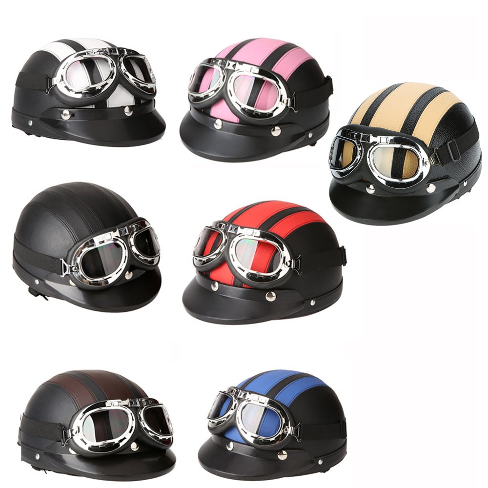 Motorcycle Scooter Open Face Half Leather Helmet with Visor UV Goggles Retro Vintage Style 54-60cm