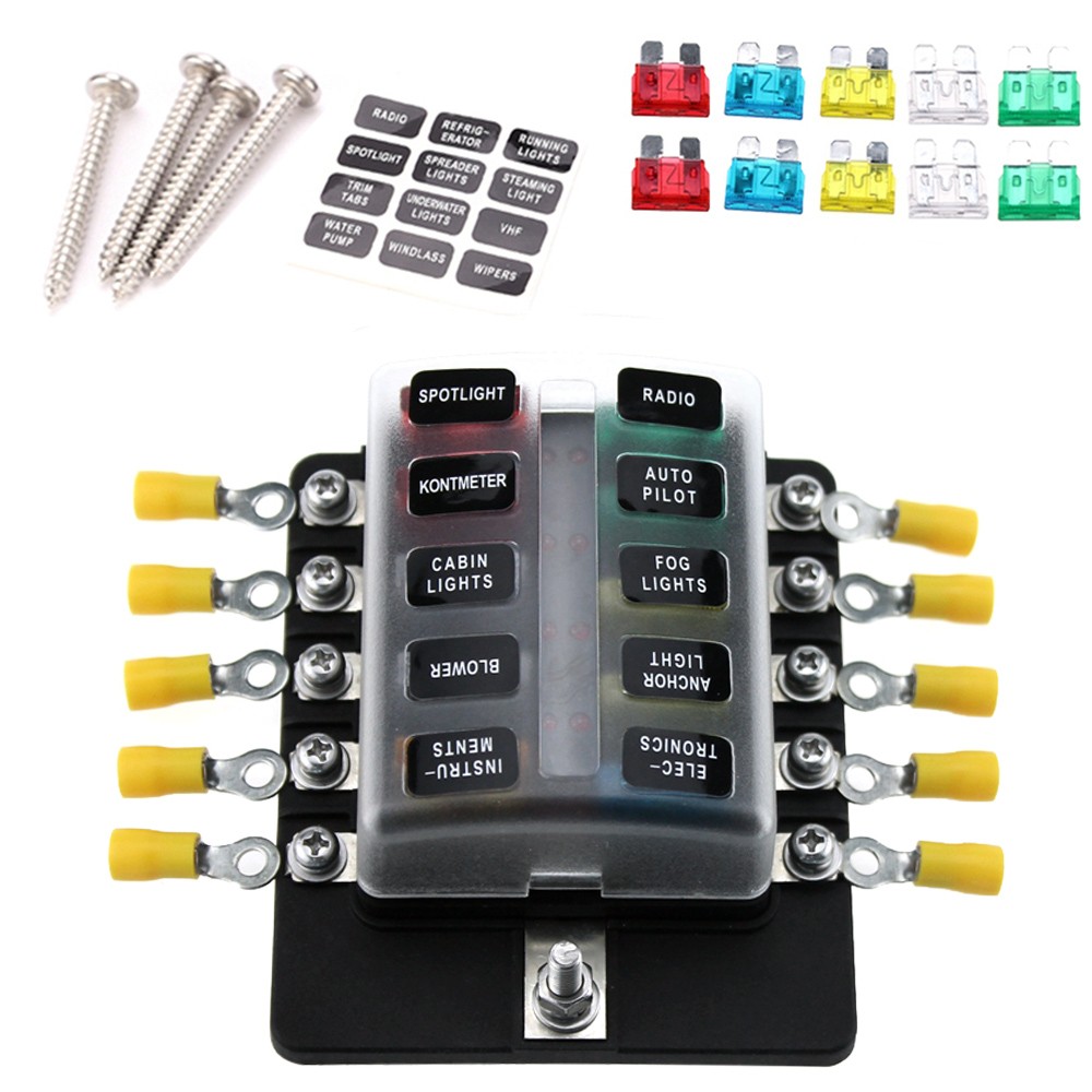 10 Way Blade Fuse Box Holder Fuse Blocks with Red LED Indicator 10Pcs Fuses 10Pcs Terminals for Car Boat Marine Caravan Truck 12V 24V