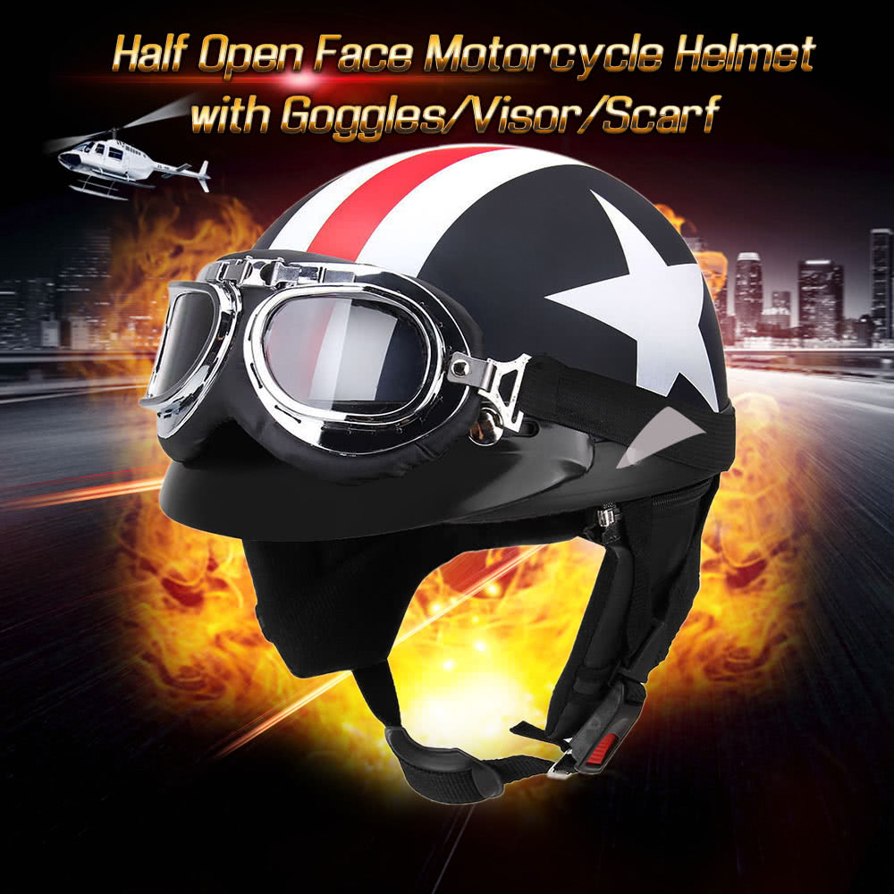 Half Open Face Motorcycle Helmet with Goggles Visor Scarf Biker Scooter Touring Helmet for Harley