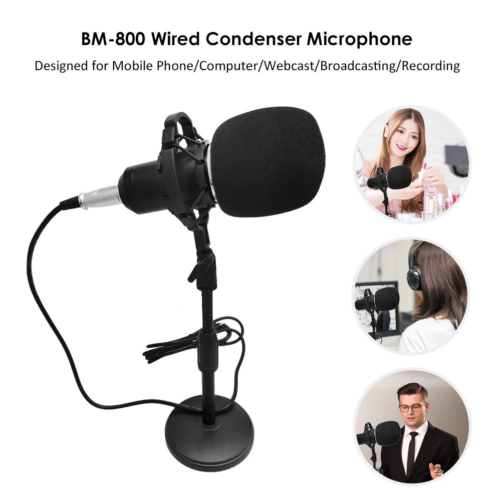 BM-800 Condenser Microphone Portable High Sensitivity Low Noise Mic Kit for Computer Mobile Phone Studio Live Stream Broadcasting Recording with Round Disk Support