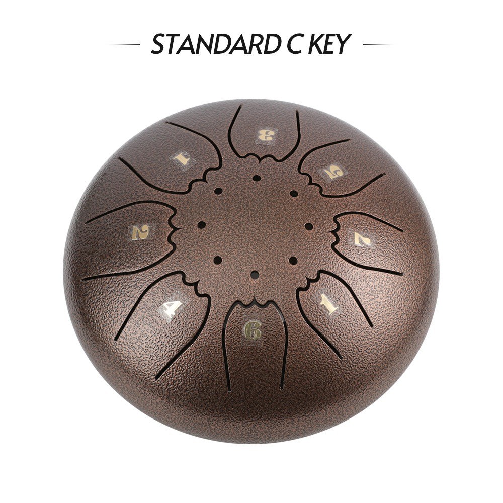 Mini Steel Tongue Drum Metal Hand Drum 5 Inch C Tone 8 Notes Percussion Instrument Stainless Steel with Storage Bag Drumstick Brown