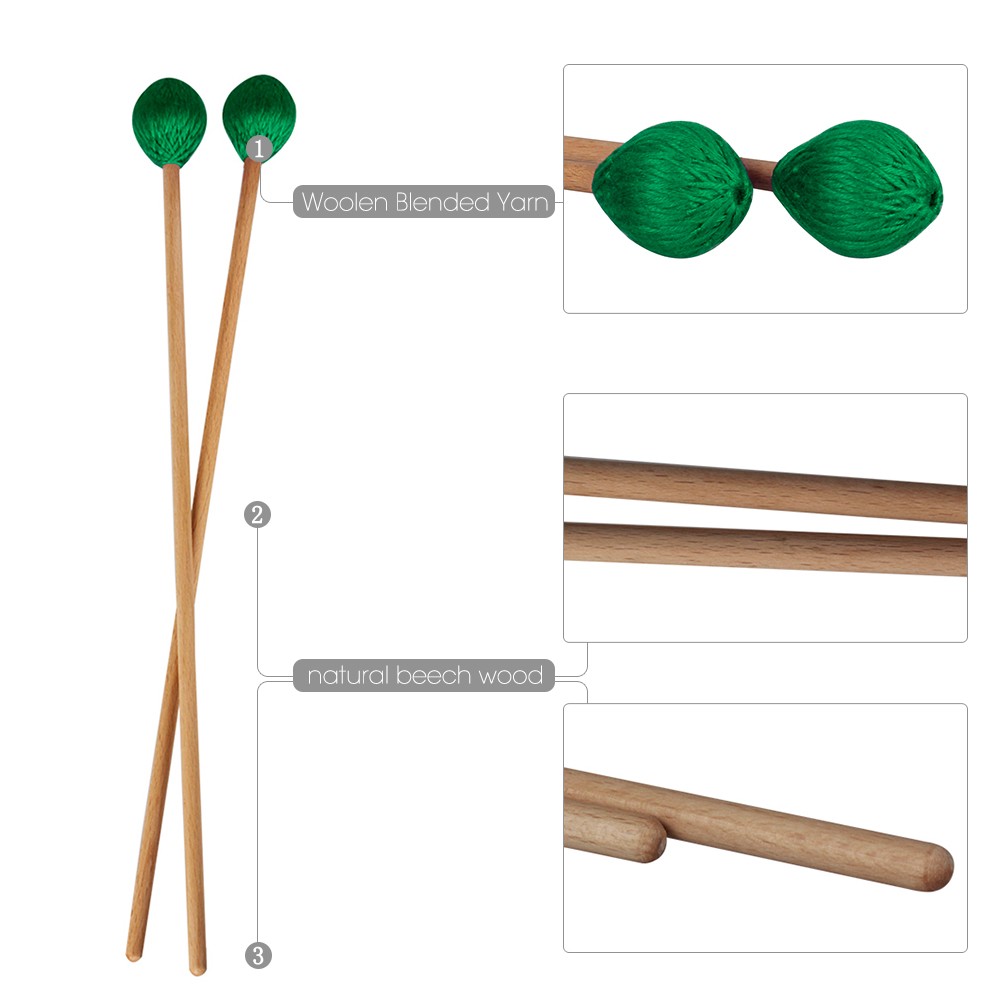 Middle Marimba Stick Mallets Xylophone Glockensplel Mallet with Beech Handle Percussion Kit Musical Instrument Accessories Mallets for Professionals Amateurs 1 Pair Green