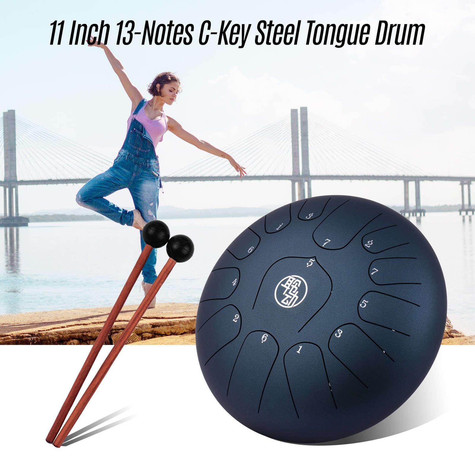 11 Inch Steel Tongue Drum 13-Notes C-Key Percussion Instrument with Mallets Drum Bag Wiping Cloth for Musical Education Concert Mind Healing Yoga Meditation Dark Navy Blue