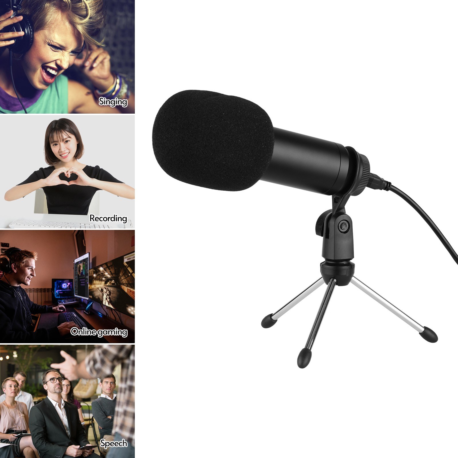 USB Condenser Microphone Set with Foldable Mic Tripod USB Power Cord Foam Wind Muff for Recording Live Streaming Voice Chatting Speech