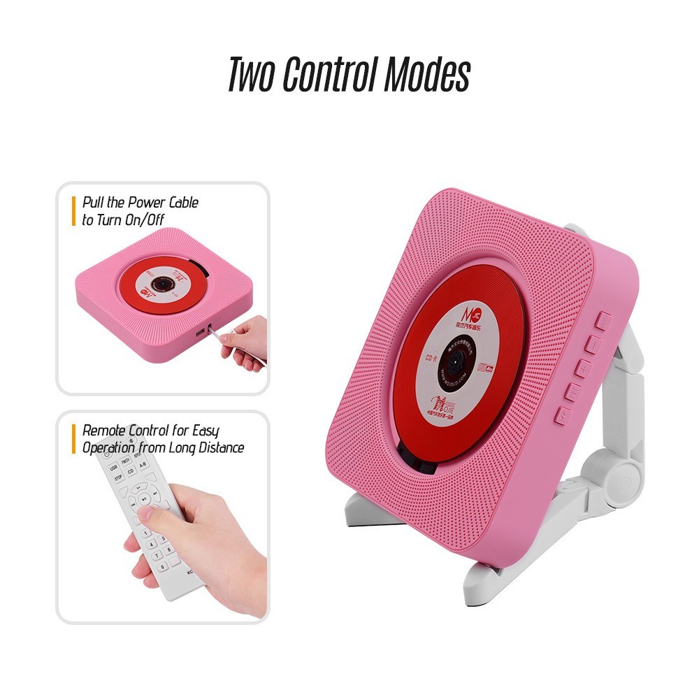 Portable Wall Mounted CD Player Music Amplifier Audio Boombox with Remote Control Support BT/ USB/ FM Modes Pink US Plug