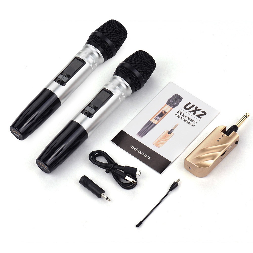 UX2 UHF Dual-Frequency Wireless Microphones Set with 1 Receiver 2 Handheld Microphone for DJ Party Karaoke Business Meeting Live Performance