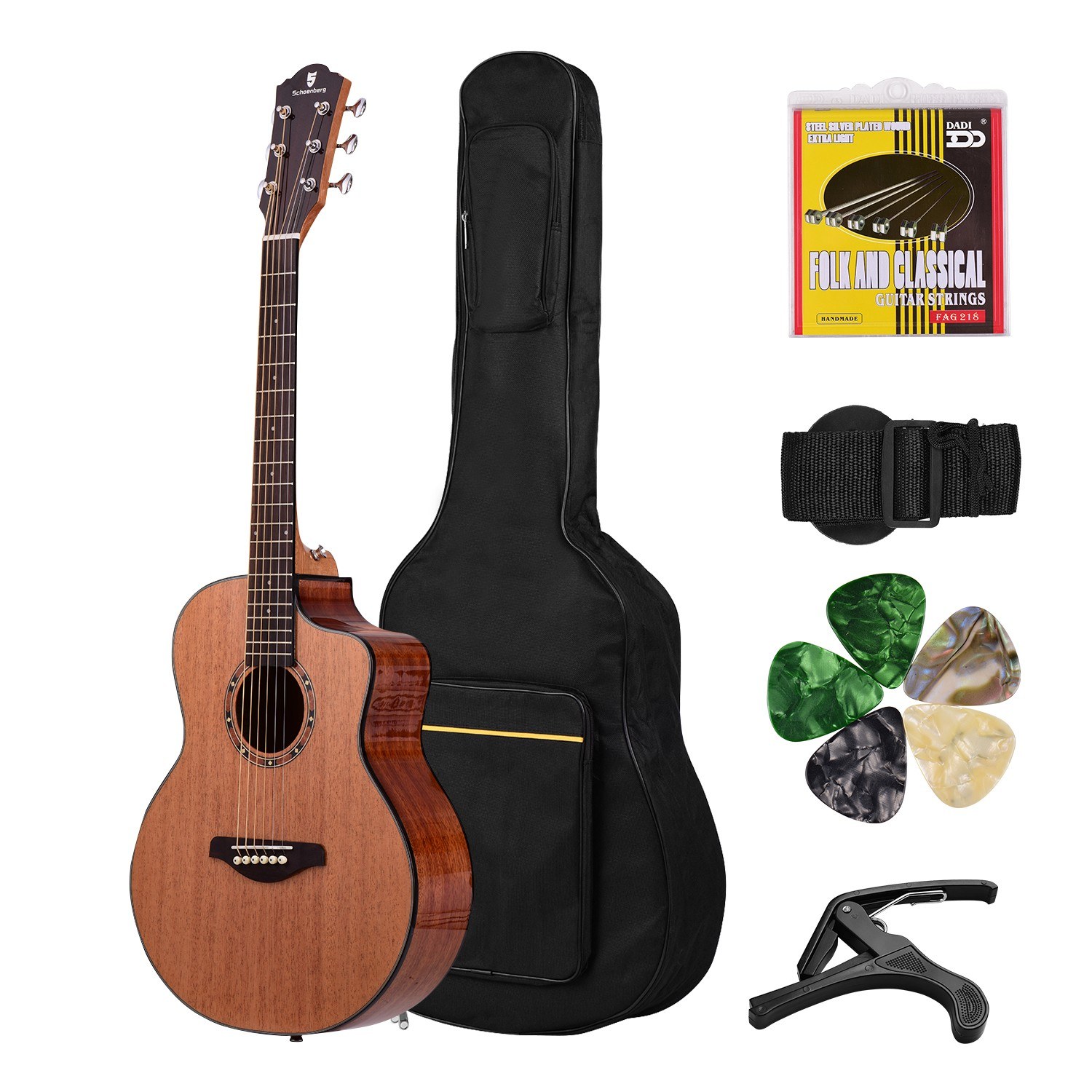 Acoustic Guitar 36 Inch Mahogany Wood Material with Gig Bag Strap Spare Strings Capo Picks Guitars Kit for Beginners