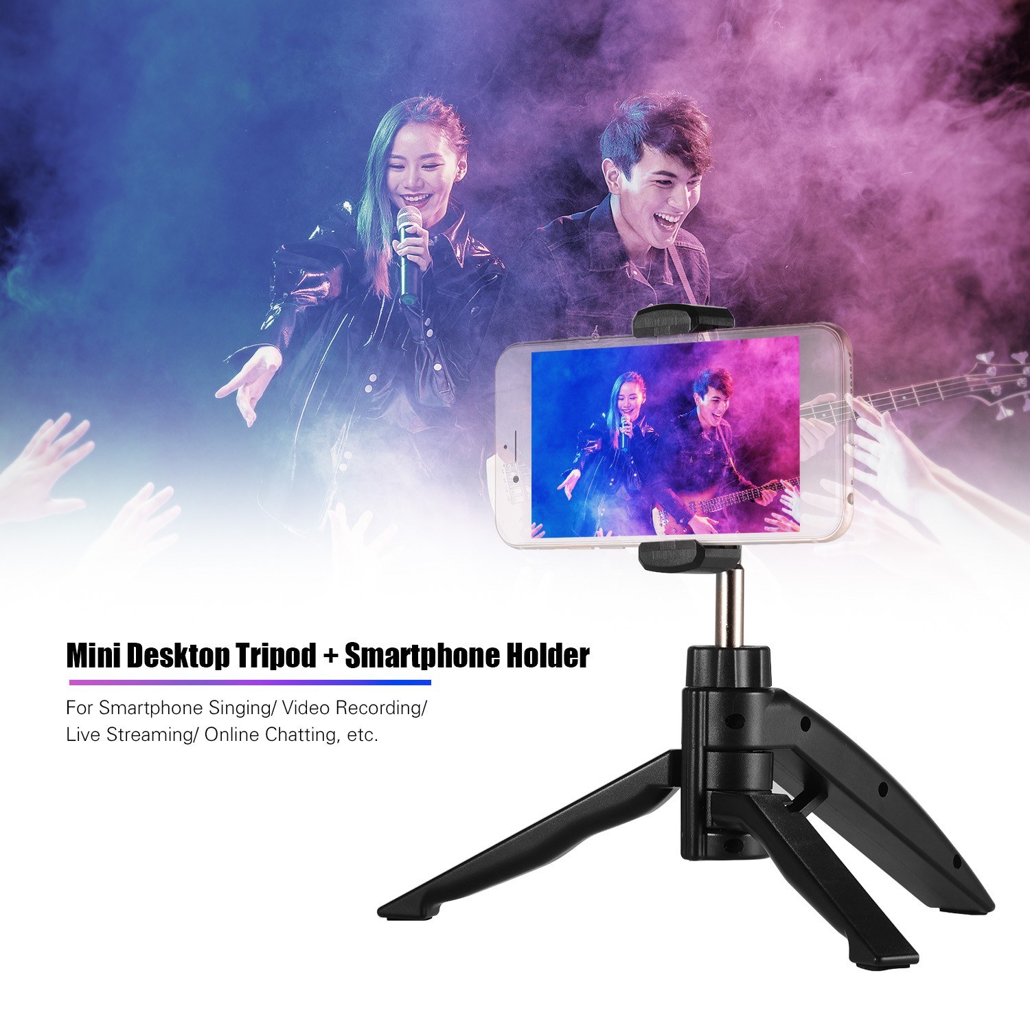 Mini Desktop Tripod Phone Stand Bracket with Adjustable Smartphone Clip Holder for Smartphone Singing Video Recording Live Streaming Online Chatting