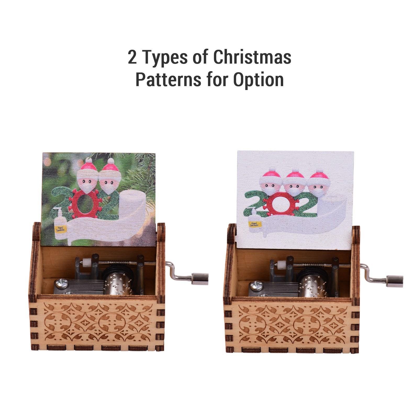 Mini Wooden Hand Crank Music Box with Vintage Engraved Patterns Christmas Festival Musical Gifts Home Office Decor Crafts(Melody: Merry Christmas)