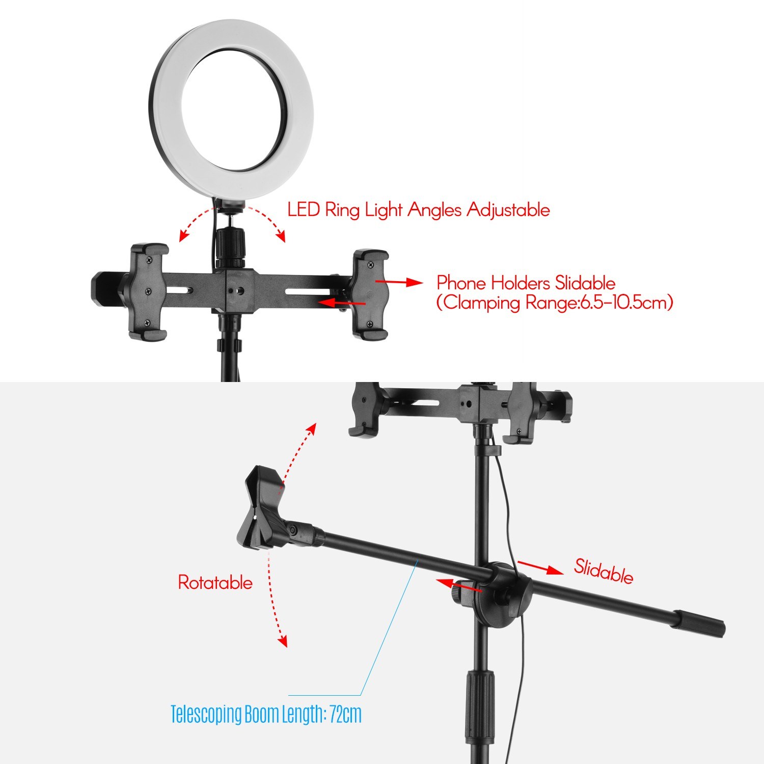 Video Streaming Kit with Microphone Tripod 16cm/6inch LED Ring Light Telescoping Boom Double Phone Clamps Sound Car Tray for Live Streaming Recording