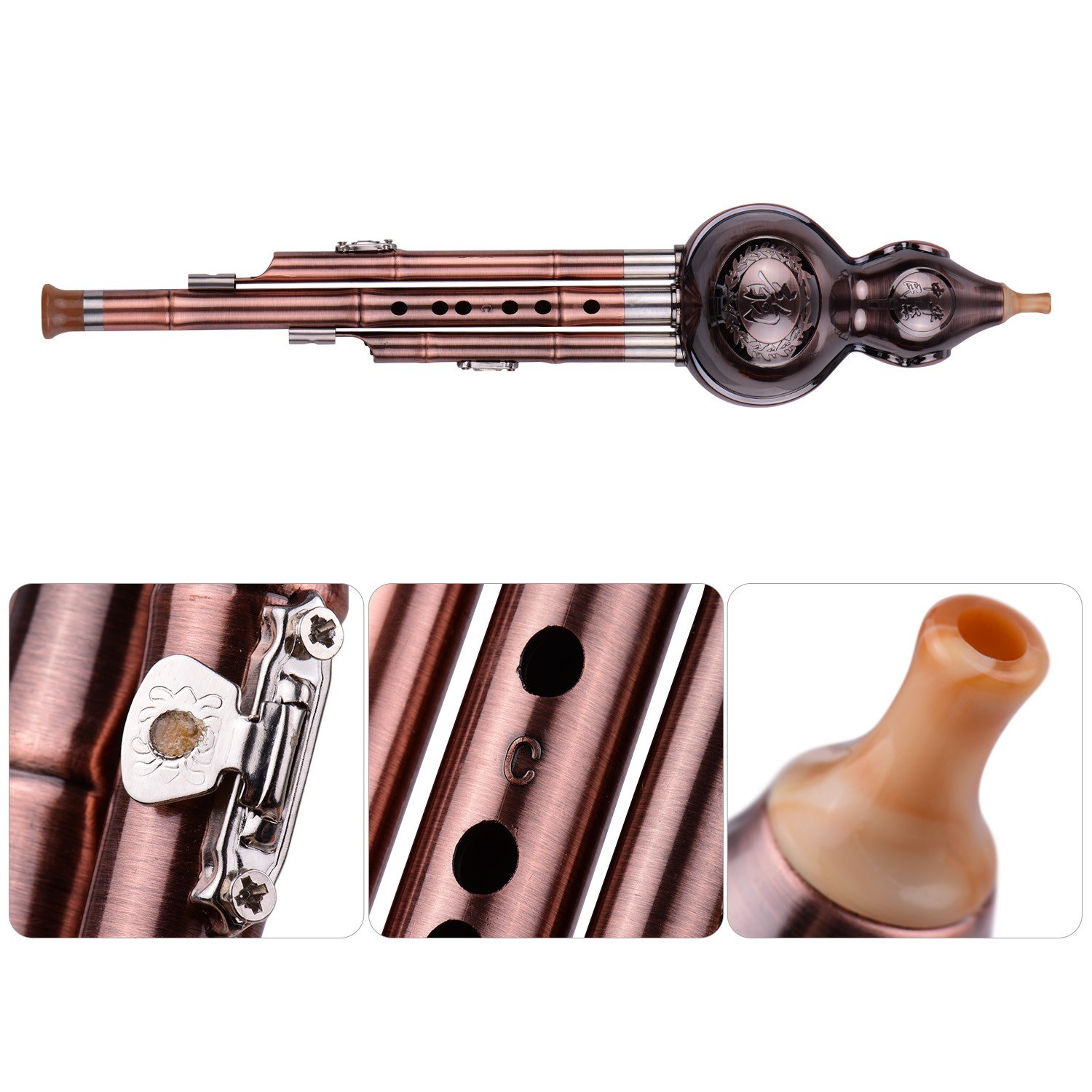 3 Tone C-Key Hulusi Gourd Cucurbit Flute Aluminum with Copper Plated Pipes Chinese Traditional Instrument with Chinese Knot Carry Case for Beginners Musical Amateurs