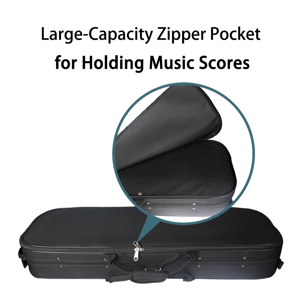 4/4 Full Size Acoustic Violin Oblong Case Portable Violin Bag Lightweight with Built-in Hygrometer Music Pocket Shoulder Straps Black