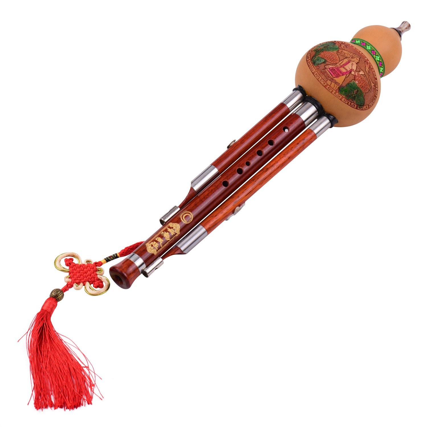 3 Tone C-Key Hulusi Gourd Cucurbit Flute Solid Wood Pipes Chinese Traditional Instrument with Chinese Knot Carry Case for Beginners Musical Amateurs