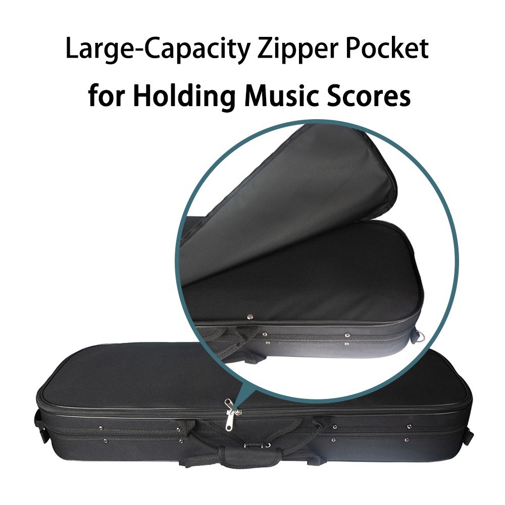 1/4 Size Acoustic Violin Oblong Case Portable Violin Bag Lightweight with Built-in Hygrometer Music Pocket Shoulder Straps Black