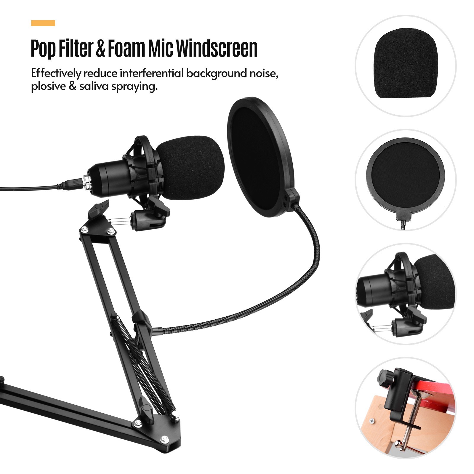 USB Condenser Microphone Set with Desk Mounting Clamp Scissor Arm Stand Pop Filter Muff Shock Mount USB Cable for Voice Chat Live Streaming Recording Speech