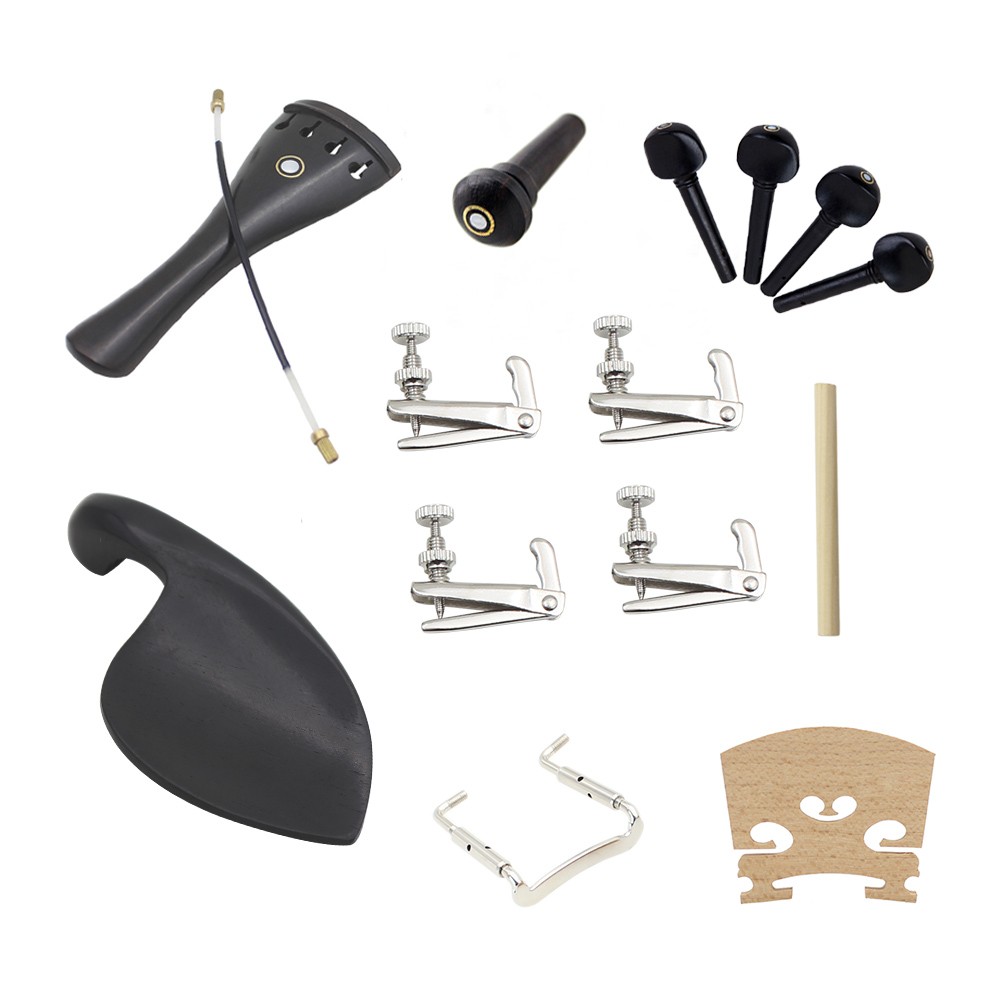 15pcs 4/4 Violin Fiddle Parts Accessories Including Tailpiece + Tail Gut + End Button + Chin Rest + Chin Rest Screw + Soundpost + Bridge + 4pcs Tuning Pegs + 4pcs Fine Tuners