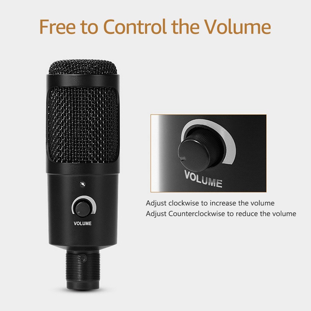 USB Condenser Microphone Plug and Play Computer Mic with Volume Control for Gaming Recording Live Streaming