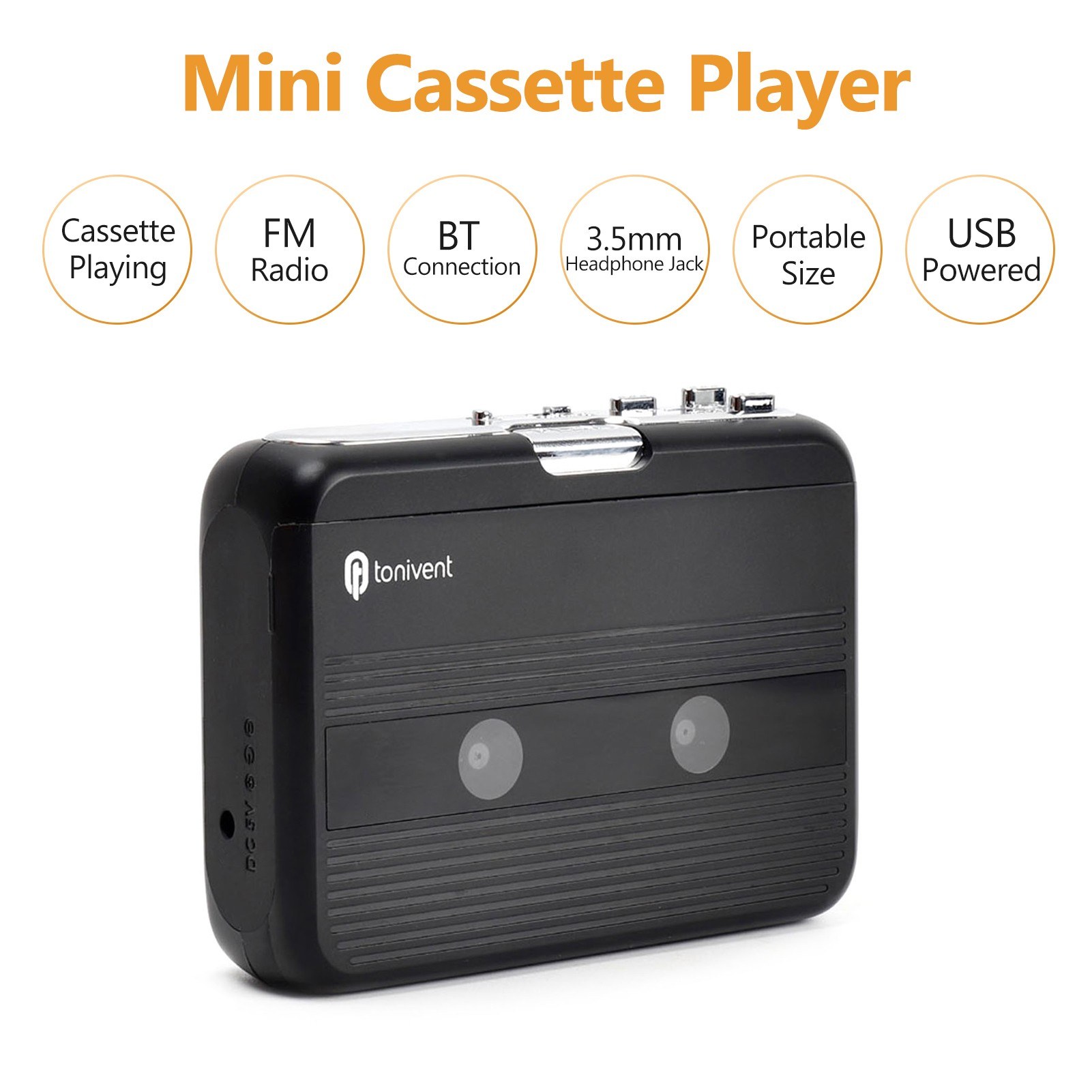 Mini Cassette Player Tape Record FM Radio with 3.5mm Headphone Jack Volume Control